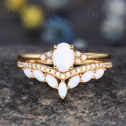 Opal Engagement Ring Set,Opal Rings for Women,Yellow Gold Opal Engagement Ring, Opal Wedding Ring Set, Multi-Gemstone Ring,Statement Ring