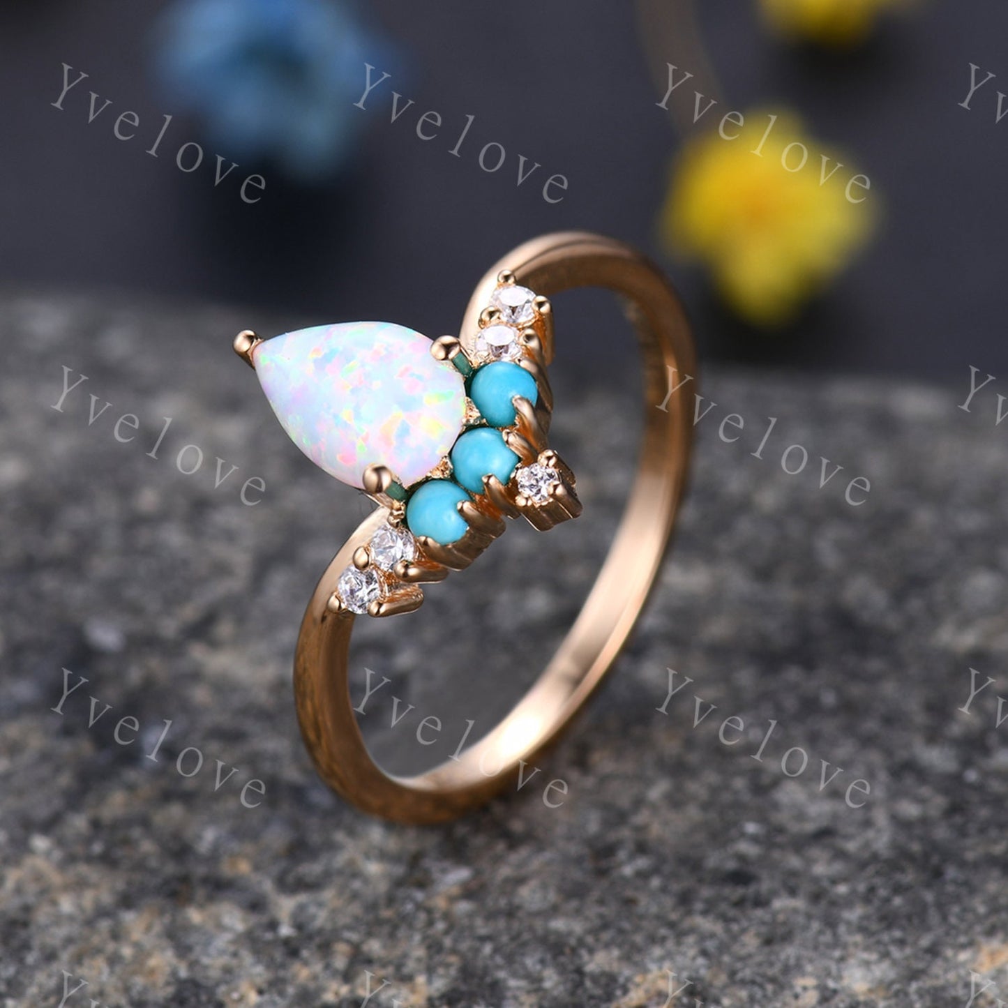 Pear Shaped Opal Engagement Ring,Opal Turquoise Wedding Ring,Bridal Ring,October Birthstone,14k Yellow Gold Anniversary Promise Ring Gift