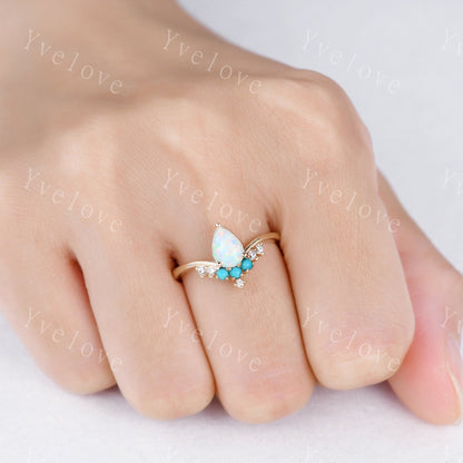 Pear Shaped Opal Engagement Ring,Opal Turquoise Wedding Ring,Bridal Ring,October Birthstone,14k Yellow Gold Anniversary Promise Ring Gift