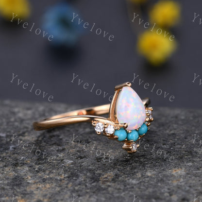 Pear Shaped Opal Engagement Ring,Opal Turquoise Wedding Ring,Bridal Ring,October Birthstone,14k Yellow Gold Anniversary Promise Ring Gift