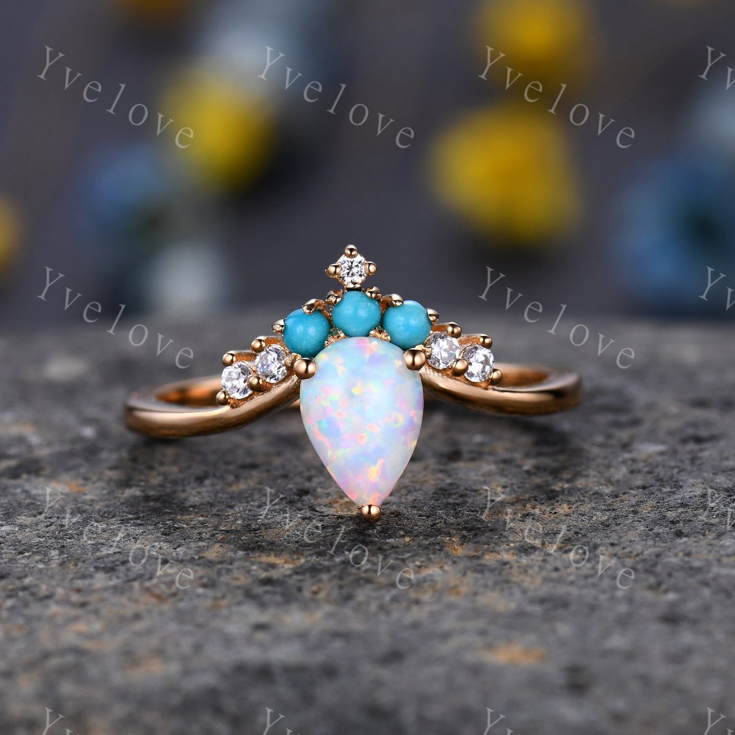 Pear Shaped Opal Engagement Ring,Opal Turquoise Wedding Ring,Bridal Ring,October Birthstone,14k Yellow Gold Anniversary Promise Ring Gift