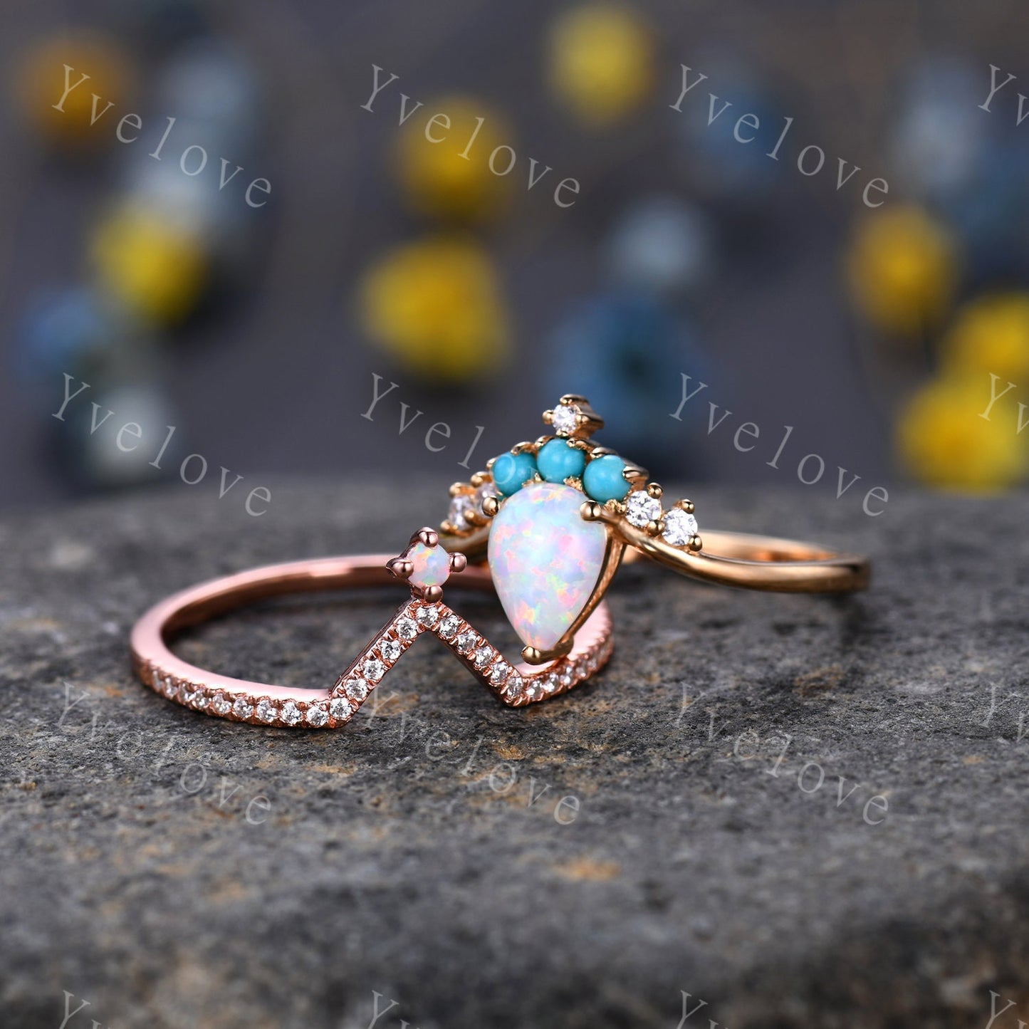 Pear Shaped Opal Engagement Ring,Opal Turquoise Wedding Ring,Bridal Ring,October Birthstone,14k Yellow Gold Anniversary Promise Ring Gift