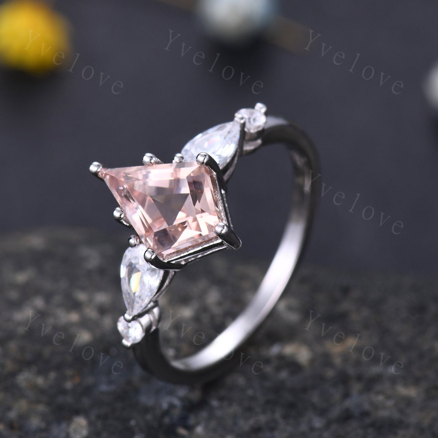 Unique Kite Cut Morganite Engagement Ring,Morganite Bridal Ring,Pear Moissanite,Twisted Wedding Band,18K White Gold,Birthday Gift For Her