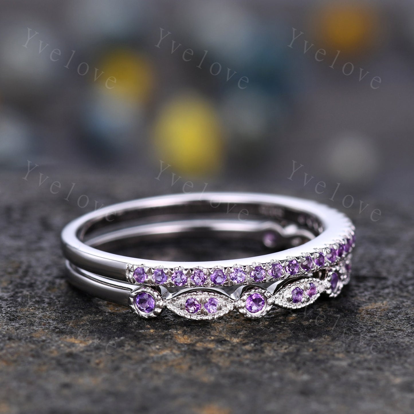 Amethyst ring art deco half eternity amethyst wedding band milgrain style unique sterling silver ring matching band natural gemstone gift