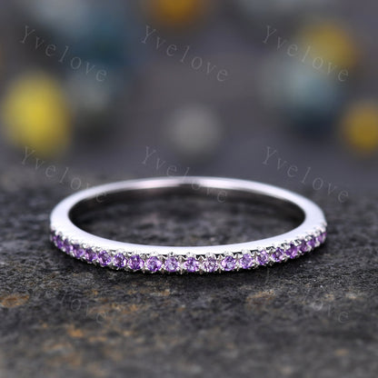 Amethyst ring art deco half eternity amethyst wedding band milgrain style unique sterling silver ring matching band natural gemstone gift
