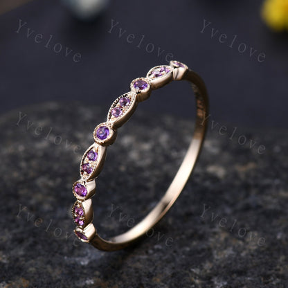 Amethyst ring art deco half eternity amethyst wedding band milgrain style ring 14k rose gold matching band natural gemstone IF color