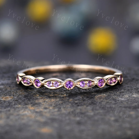 Amethyst ring art deco half eternity amethyst wedding band milgrain style ring 14k rose gold matching band natural gemstone IF color