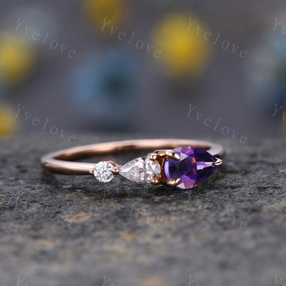 Vintage Amethyst Engagement Ring,Pear Cut Gems,Art Deco Moissanite Wedding Band,3 Stone Unique Women Bridal Promise Ring,Sterling Silver