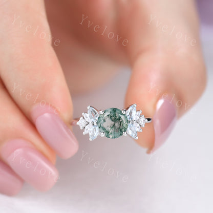 7mm Round Cut Natural Moss Agate Engagement Ring For Women,Unique Green Gems,Marquise Blue Aquamarine,Healing Gemstone Ring,14K White gold