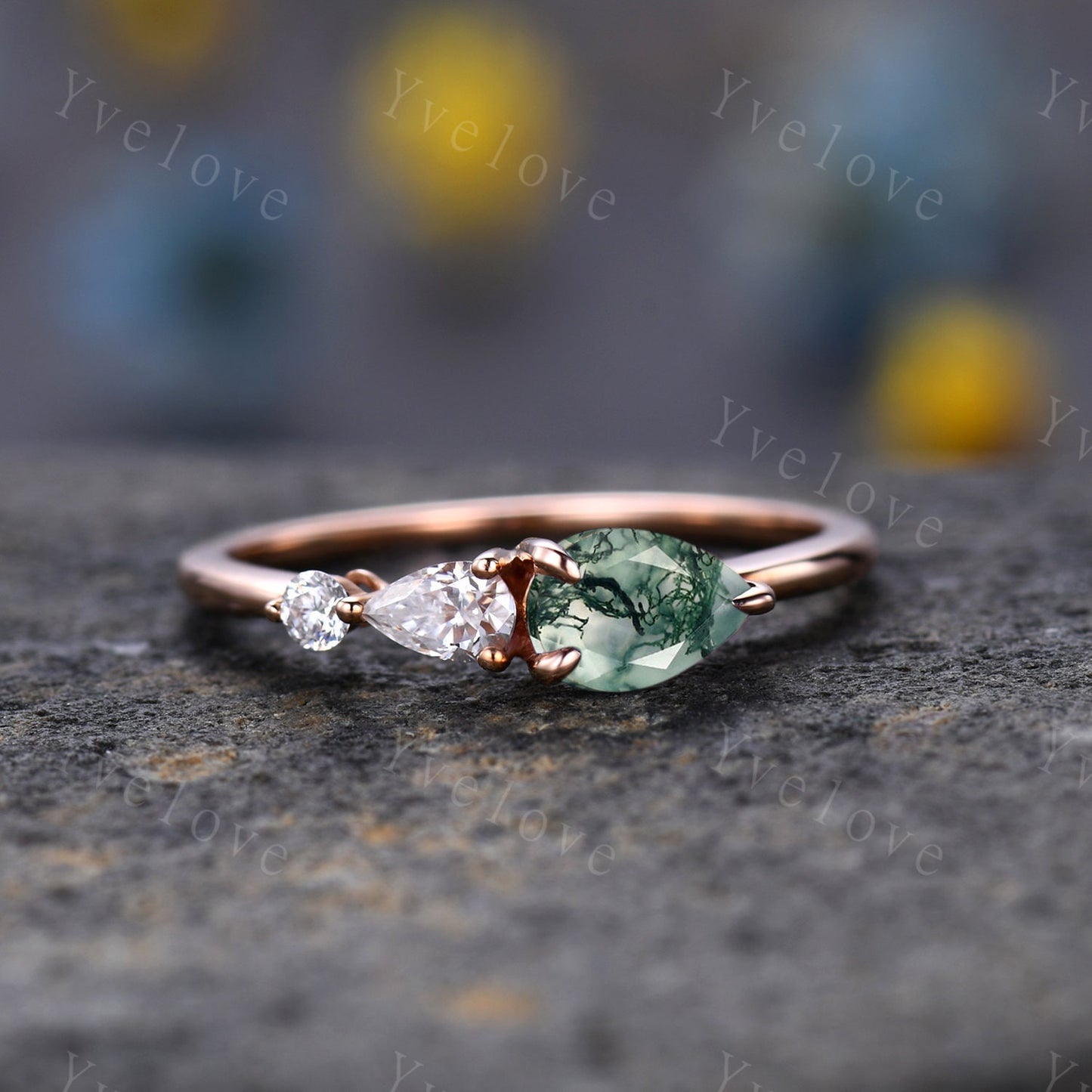 Vintage Moss Agate Ring Engagement Ring,Pear Cut Gems,Art Deco Moissanite Wedding Band,3 Stone Unique Women Bridal Promise Ring,White gold