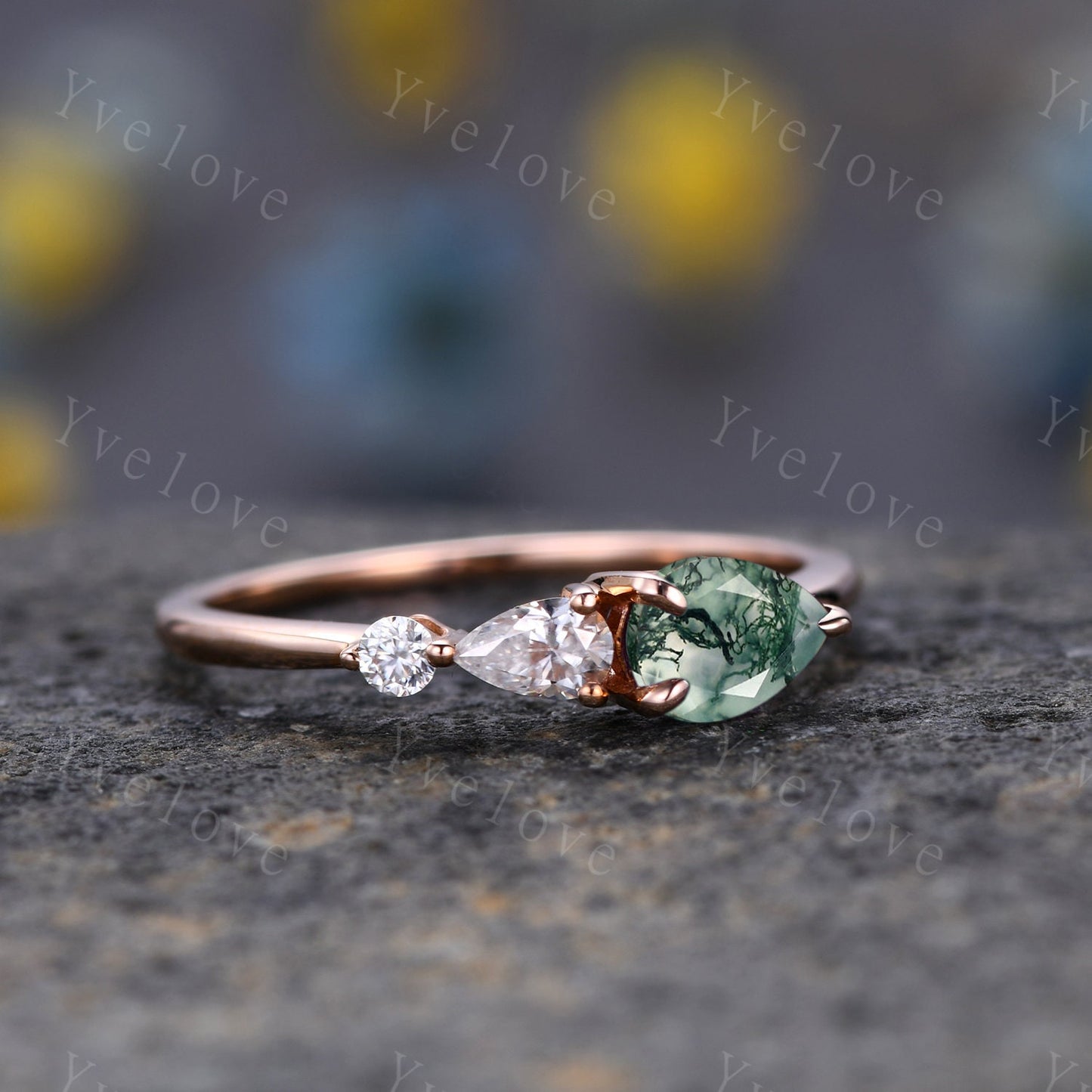 Vintage Moss Agate Ring Engagement Ring,Pear Cut Gems,Art Deco Moissanite Wedding Band,3 Stone Unique Women Bridal Promise Ring,Rose gold