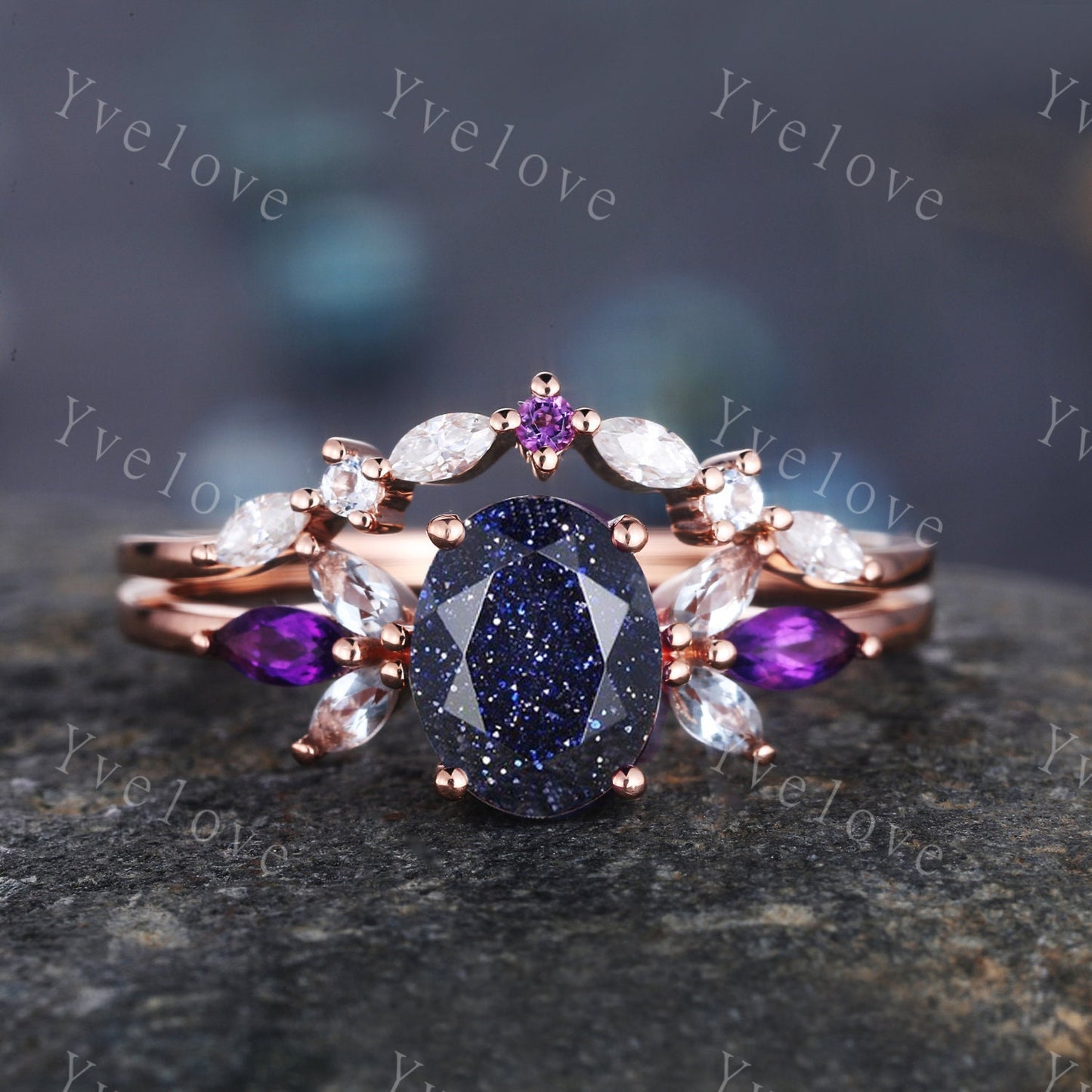 Vintage London Blue Topaz Engagement Ring Set, Rose Gold Women Moissanite Amethyst Band,Matching Band Promise Women Stacking Ring Set Gift