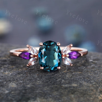 London Blue Topaz Engagement Ring Set Art Deco Ring Women Stacking Diamond/Moissanite Matching Band Unique Vintage Floral Jewelry 14K Gold