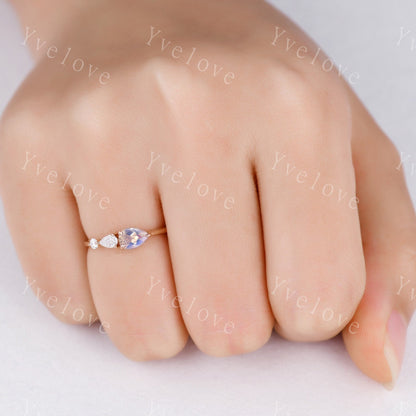 Tear drop moonstone ring, rainbow ring,pear moonstone,petite ring,moissanite promise ring for women,3 stone unique bridal ring gift for her