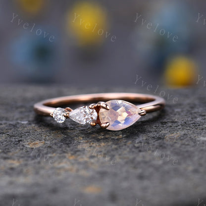 Tear drop moonstone ring, rainbow ring,pear moonstone,petite ring,moissanite promise ring for women,3 stone unique bridal ring gift for her