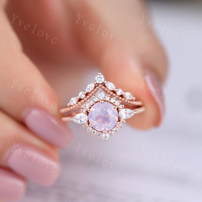 Vintage Lavender Amethyst Engagement Ring Set,Purple Amethyst Ring,Lavender Ring,Pear Moissanite Side Stone,14K Solid Gold,Women Ring Gift
