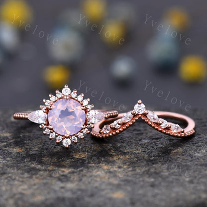 Vintage Lavender Amethyst Engagement Ring Set,Purple Amethyst Ring,Lavender Ring,Pear Moissanite Side Stone,14K Solid Gold,Women Ring Gift