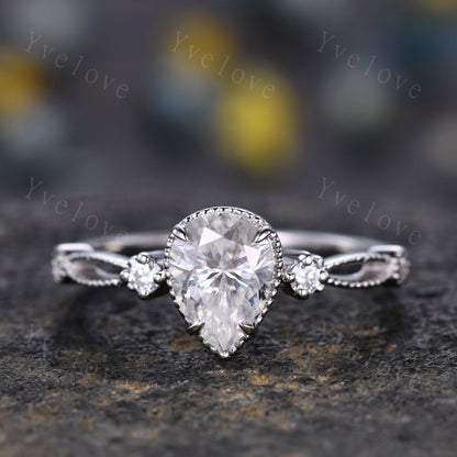 Pear moissanite engagement ring,platinum ring,vintage promise ring,unique cluster diamond wedding band,anniversary women ring gift for her
