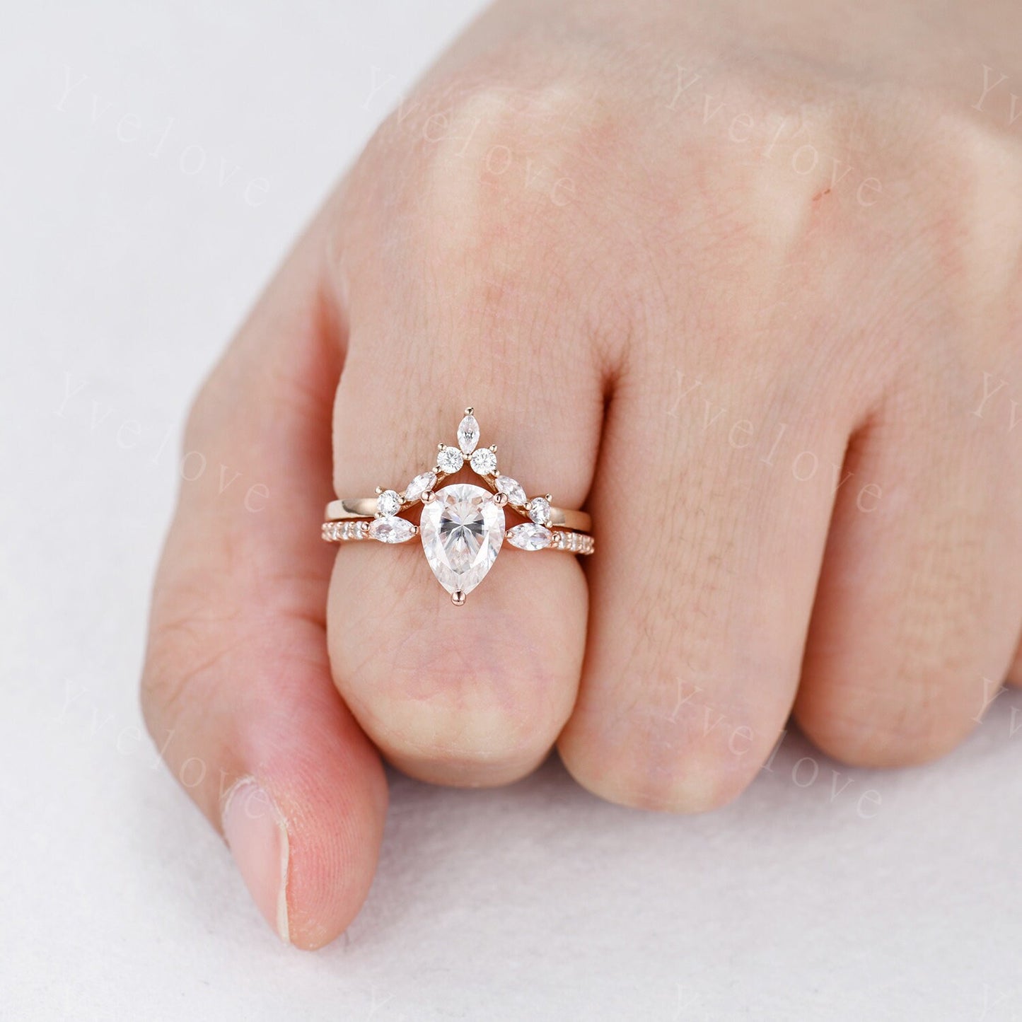 1.5ct Tear Drop Wedding Ring Set,8x6mm Pear Engagement Moissanite Ring,Marquise Moissanite Chevron Band,Rose gold Art Deco Bridal Ring Set
