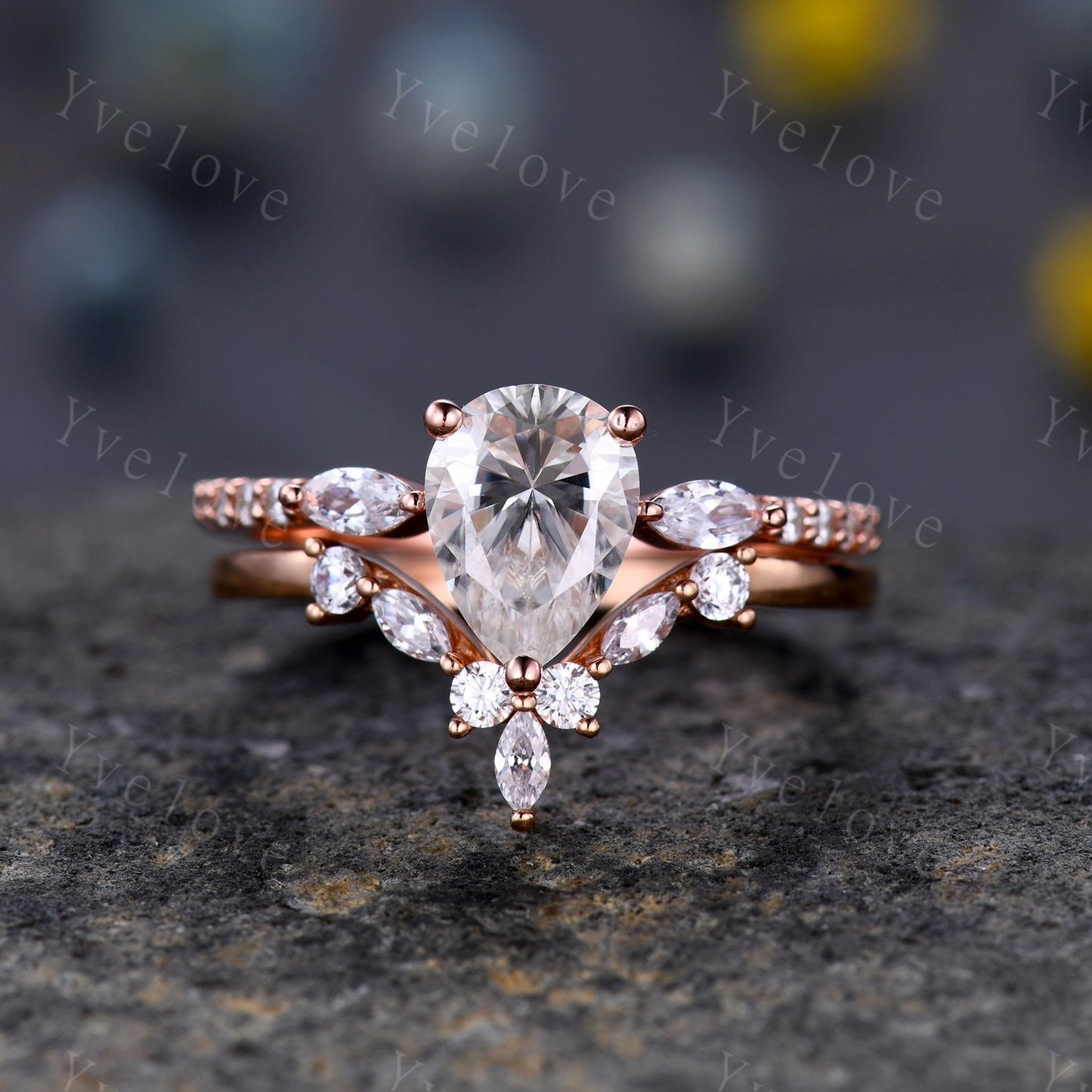 1.5ct Tear Drop Wedding Ring Set,8x6mm Pear Engagement Moissanite Ring,Marquise Moissanite Chevron Band,Rose gold Art Deco Bridal Ring Set