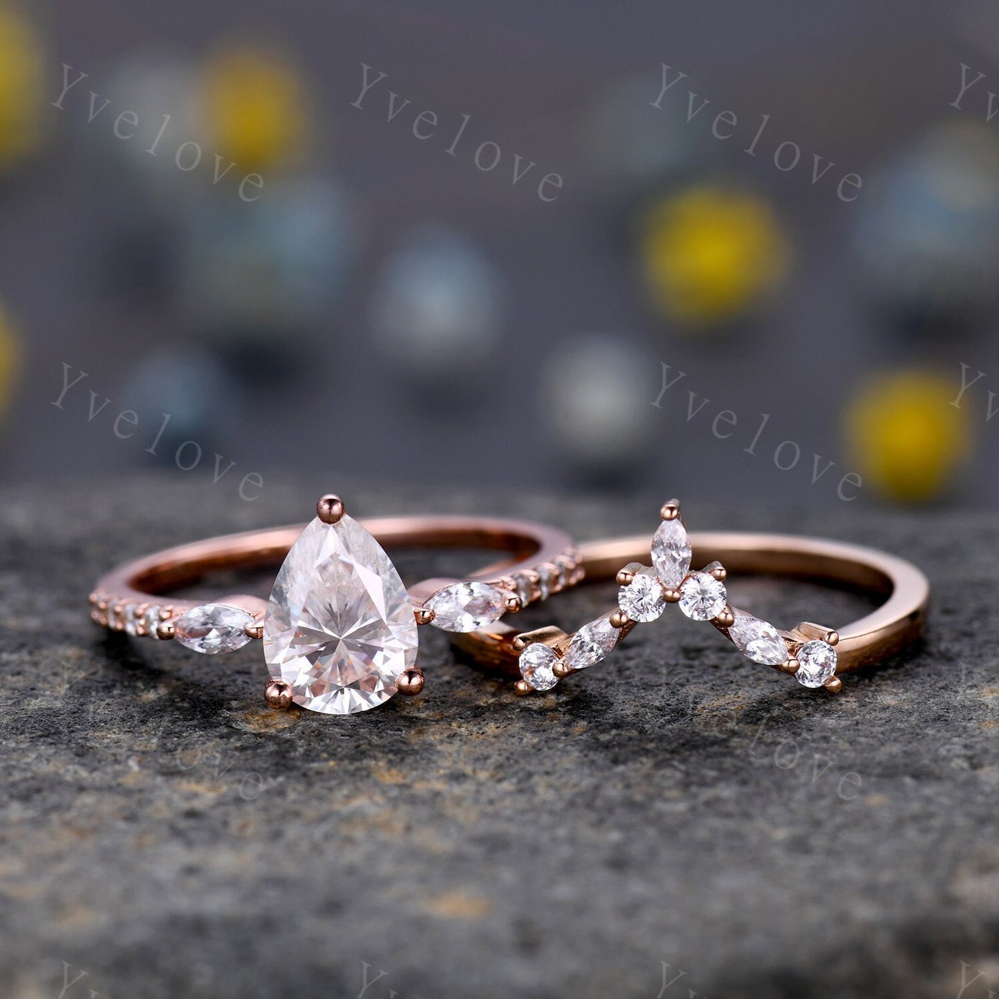 1.5ct Tear Drop Wedding Ring Set,8x6mm Pear Engagement Moissanite Ring,Marquise Moissanite Chevron Band,Rose gold Art Deco Bridal Ring Set