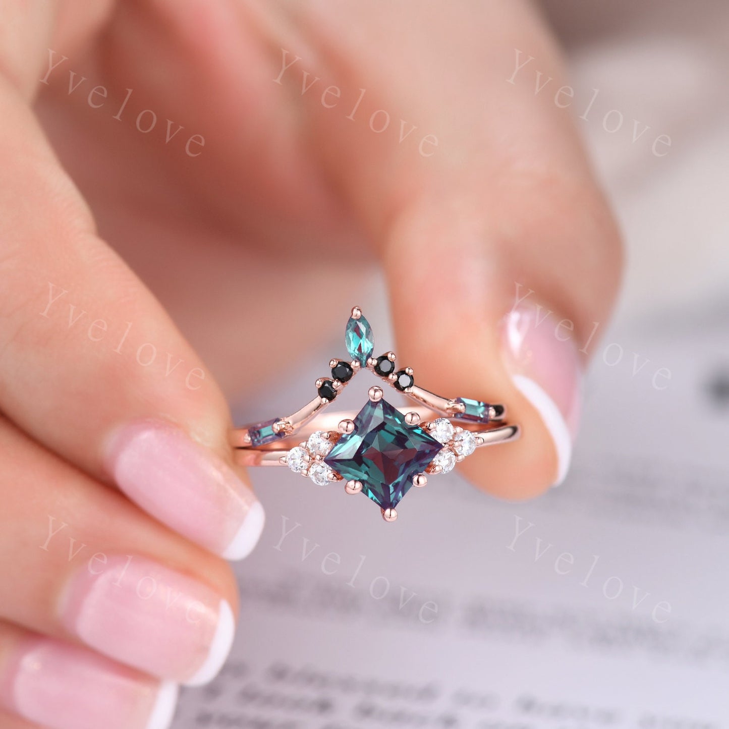 2PCS Vintage Unique Princess Cut Alexandrite Engagement Ring Set,Black Spinel Ring,June birthtone,14k rose gold,Women Unique Ring Set Gift