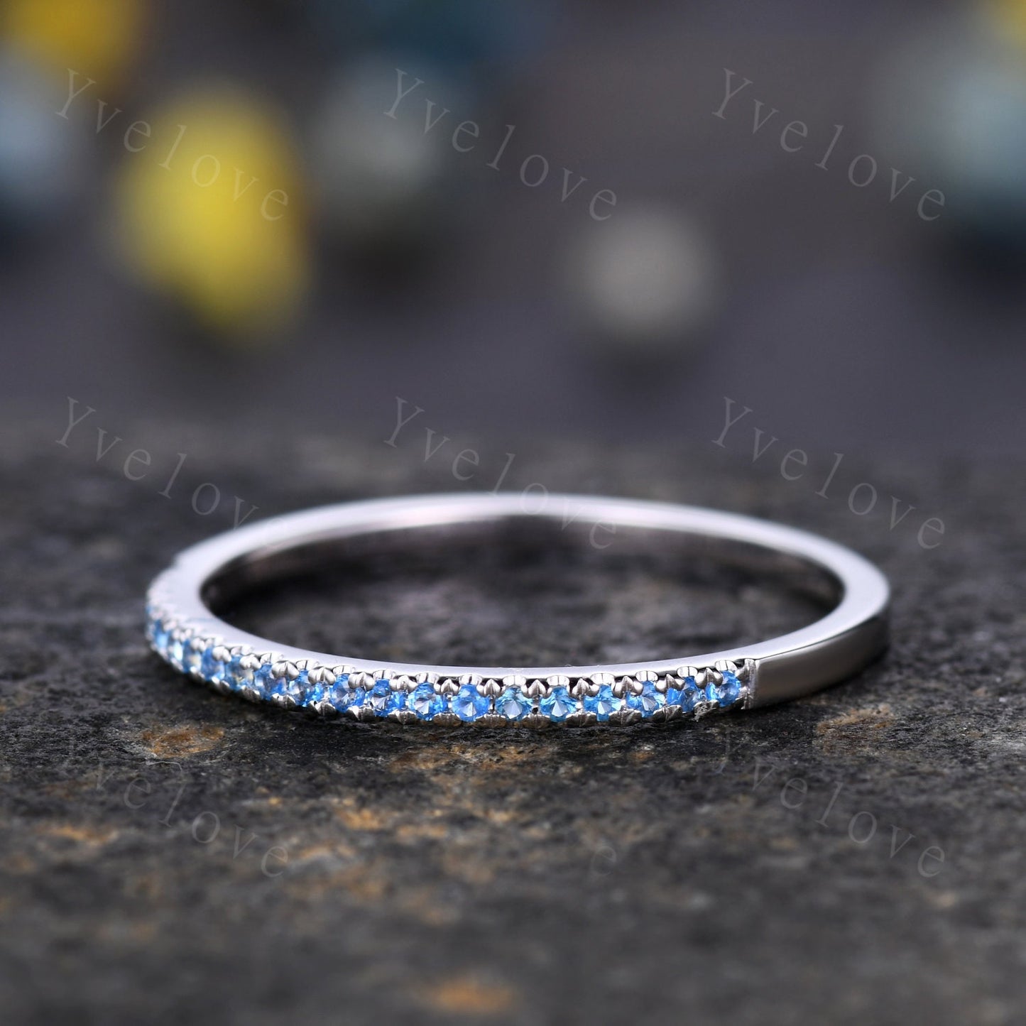 Natural Swiss Blue Topaz Ring,Blue Topaz Petite Wedding Ring,Toapz Wedding Band,14k White Gold,Half Eternity,Bridal Anniversary jewelry Gift