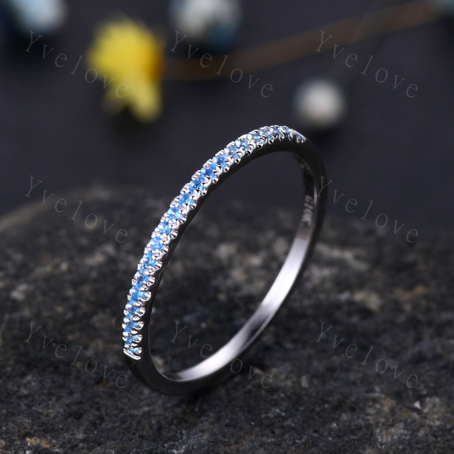 Natural Swiss Blue Topaz Ring,Blue Topaz Petite Wedding Ring,Toapz Wedding Band,14k White Gold,Half Eternity,Bridal Anniversary jewelry Gift