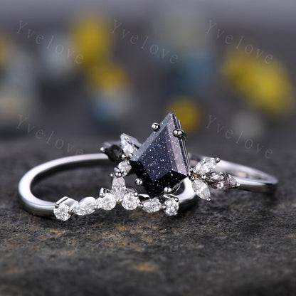 Vintage Kite shaped Sandstone Engagement Ring Set,Unique Bridal Ring Set,Marquise Black Rutilated Quartz,White Gold Galaxy Anniversary Ring