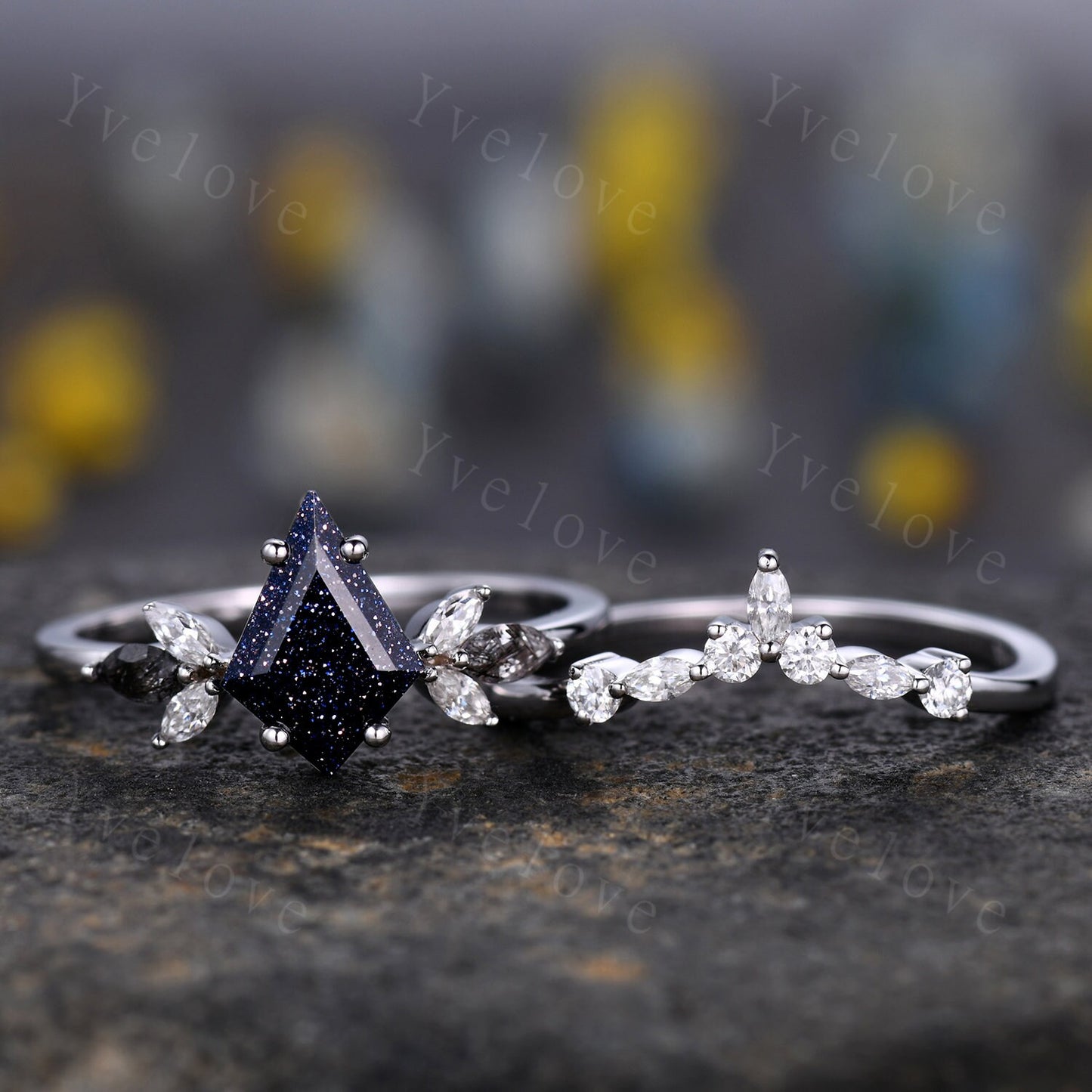 Vintage Kite shaped Sandstone Engagement Ring Set,Unique Bridal Ring Set,Marquise Black Rutilated Quartz,White Gold Galaxy Anniversary Ring