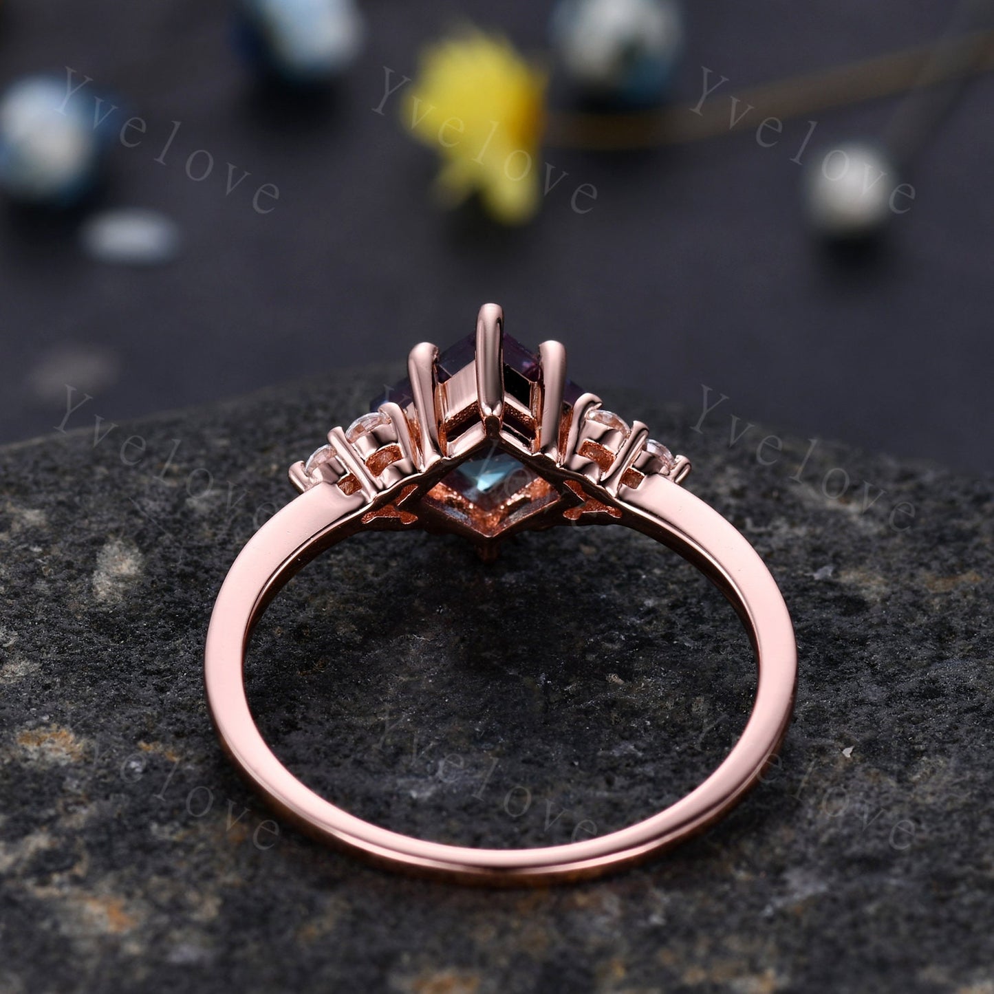 Vintage Retro Alexandrite Ring,6mm Princess Cut Engagement Ring,Moissanite Stacking band,June birthtone,14K Rose Gold,Women Anniversary gift