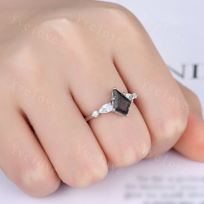 Unique black rutilated quartz ring kite cut engagement ring pear moissanite ring three stones ring rose gold women bridal wedding ring gift