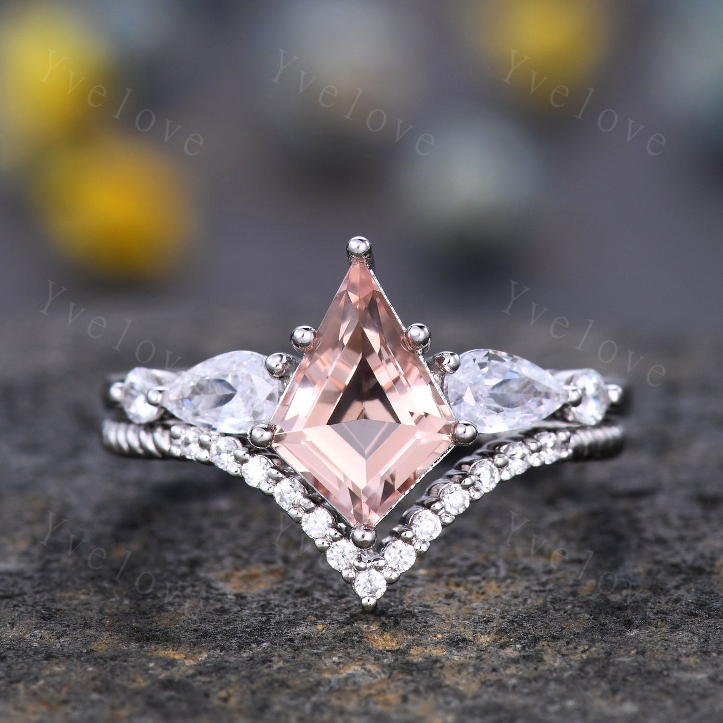 Unique Kite Cut Morganite Engagement Ring,Morganite Bridal Ring,Pear Moissanite,Twisted Wedding Band,18K White Gold,Birthday Gift For Her