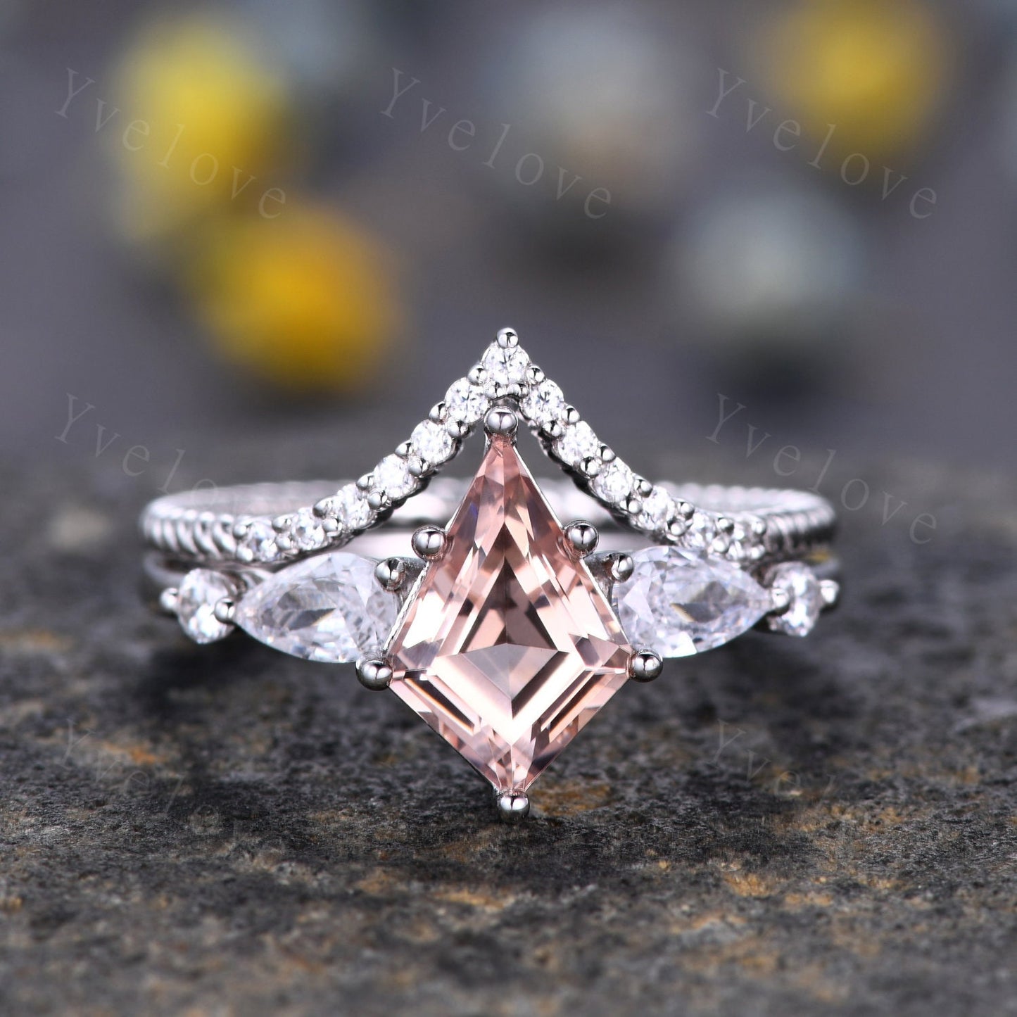 Unique Kite Cut Morganite Engagement Ring,Morganite Bridal Ring,Pear Moissanite,Twisted Wedding Band,18K White Gold,Birthday Gift For Her