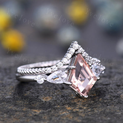 Unique Kite Cut Morganite Engagement Ring Set,Morganite Bridal Ring Set,Pear Moissanite,Twist Wedding Band,White Gold,Birthday Gift For Her