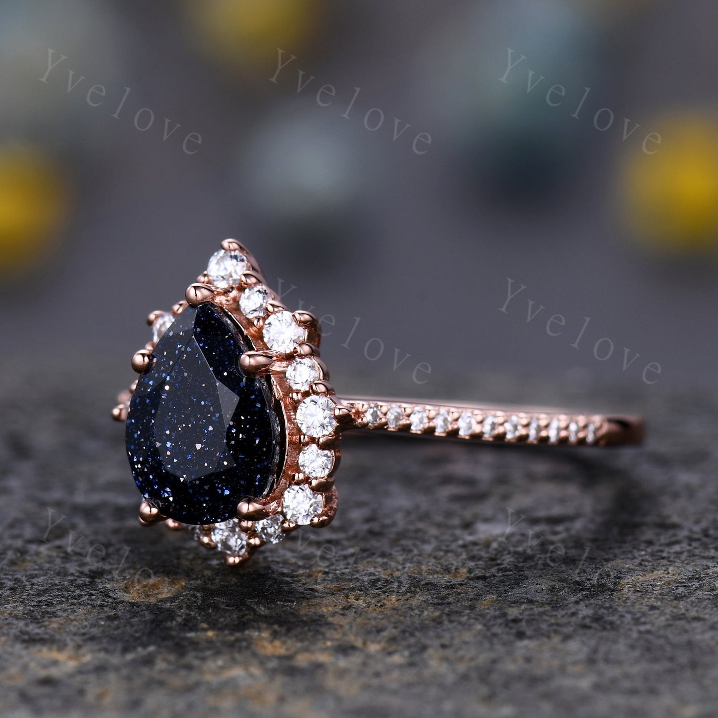 Teardrop Blue sandstone Engagement Ring,Vintage Sandtone Ring,Diamond Wedding Band,14K Rose gold,Matching Band,Anniversary Promise Ring Gift