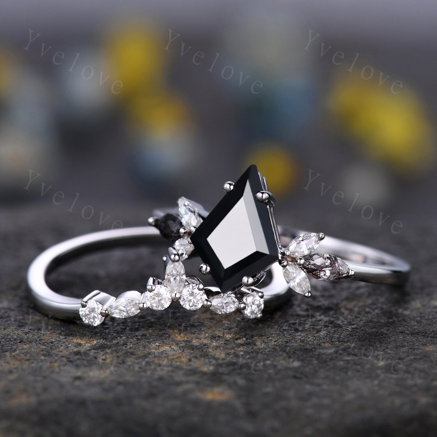 Kite Cut Black Onyx Engagement Ring,Black Diamond Ring Set,Sterling Silver Ring Set,Women Promise Ring,Anniversary Birthday Gift For Her