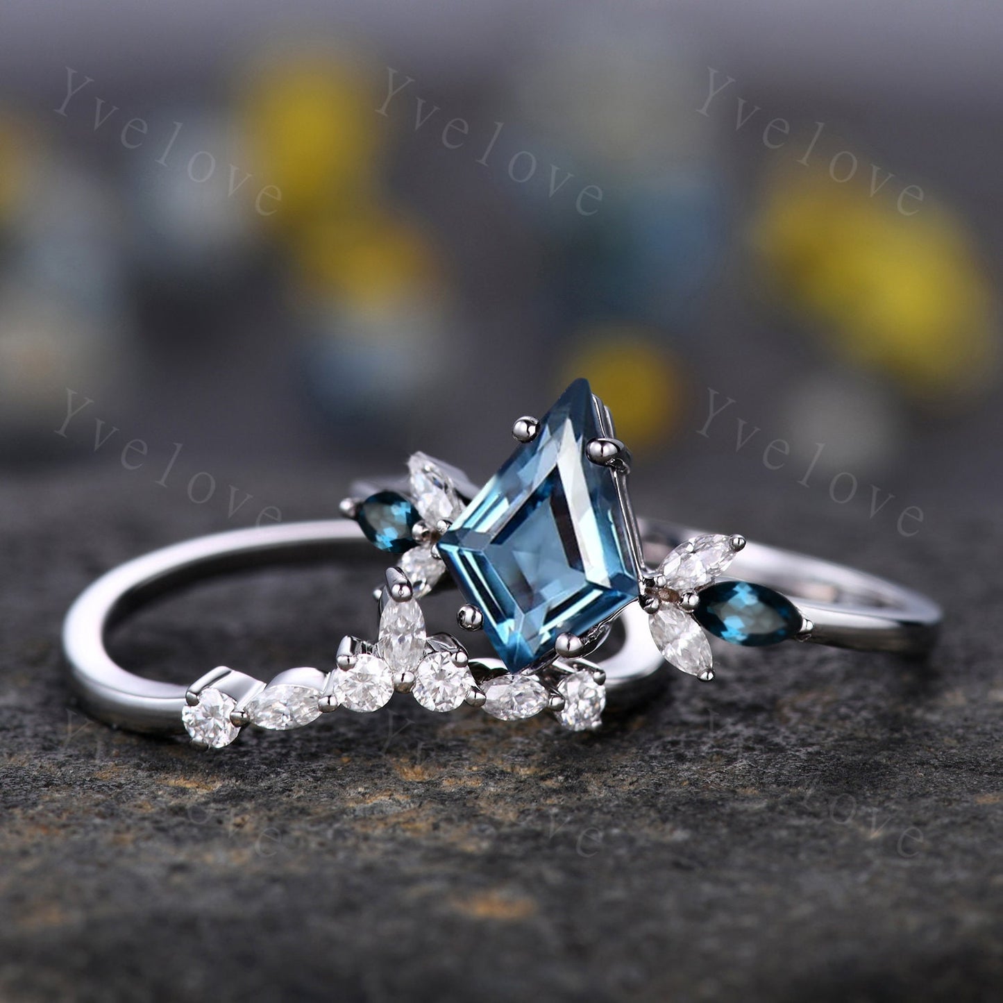 Vintage Kite Cut London Blue Topaz Engagement Ring Set,Unique Bridal Ring Set,Marquise Topaz Matching Band,White Gold Women Anniversary Ring