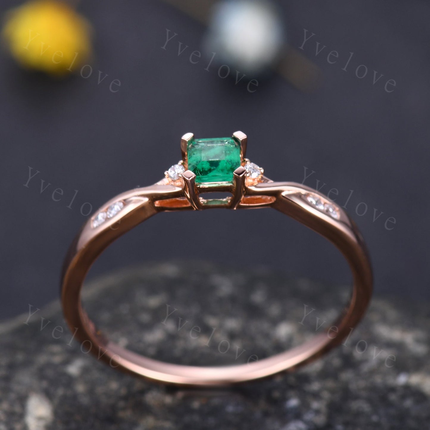 3.5mm emerald cut natural gemstone ring 0.27ct emerald ring raw emerald engagement ring twisted daimond band petit ring solid 14k rose gold