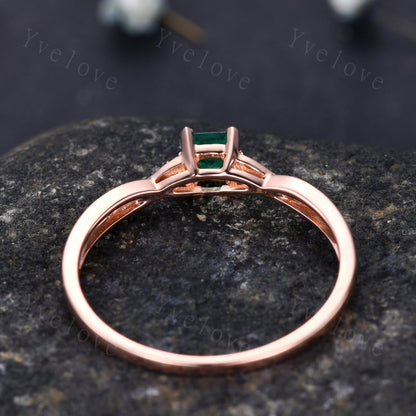 3.5mm emerald cut natural gemstone ring 0.27ct emerald ring raw emerald engagement ring twisted daimond band petit ring solid 14k rose gold