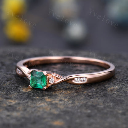 3.5mm emerald cut natural gemstone ring 0.27ct emerald ring raw emerald engagement ring twisted daimond band petit ring solid 14k rose gold