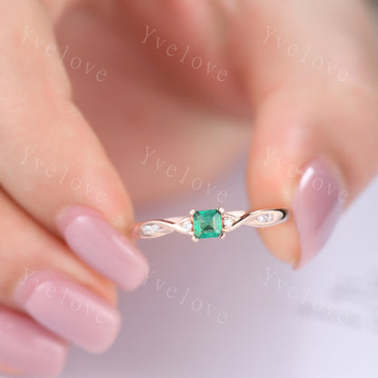 3.5mm emerald cut natural gemstone ring 0.27ct emerald ring raw emerald engagement ring twisted daimond band petit ring solid 14k rose gold