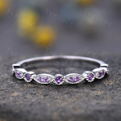 Amethyst ring art deco half eternity amethyst wedding band milgrain style ring 14k rose gold matching band natural gemstone IF color