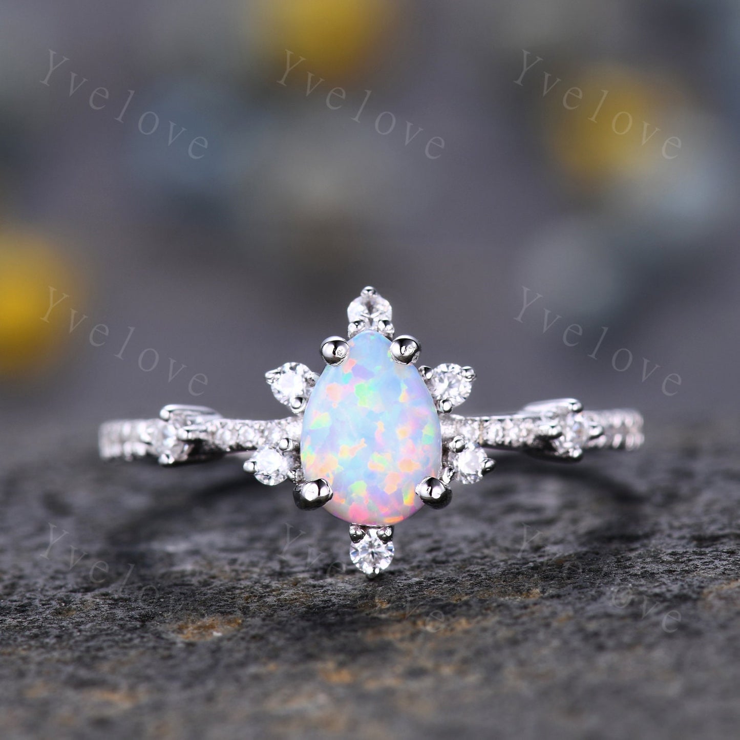 Pear Opal Ring White Fire Opal,Engagement Ring Set,Pear Opal Bridal Set ,Moissanite Half Eternity Band,White Gold,Opal October Birthstone