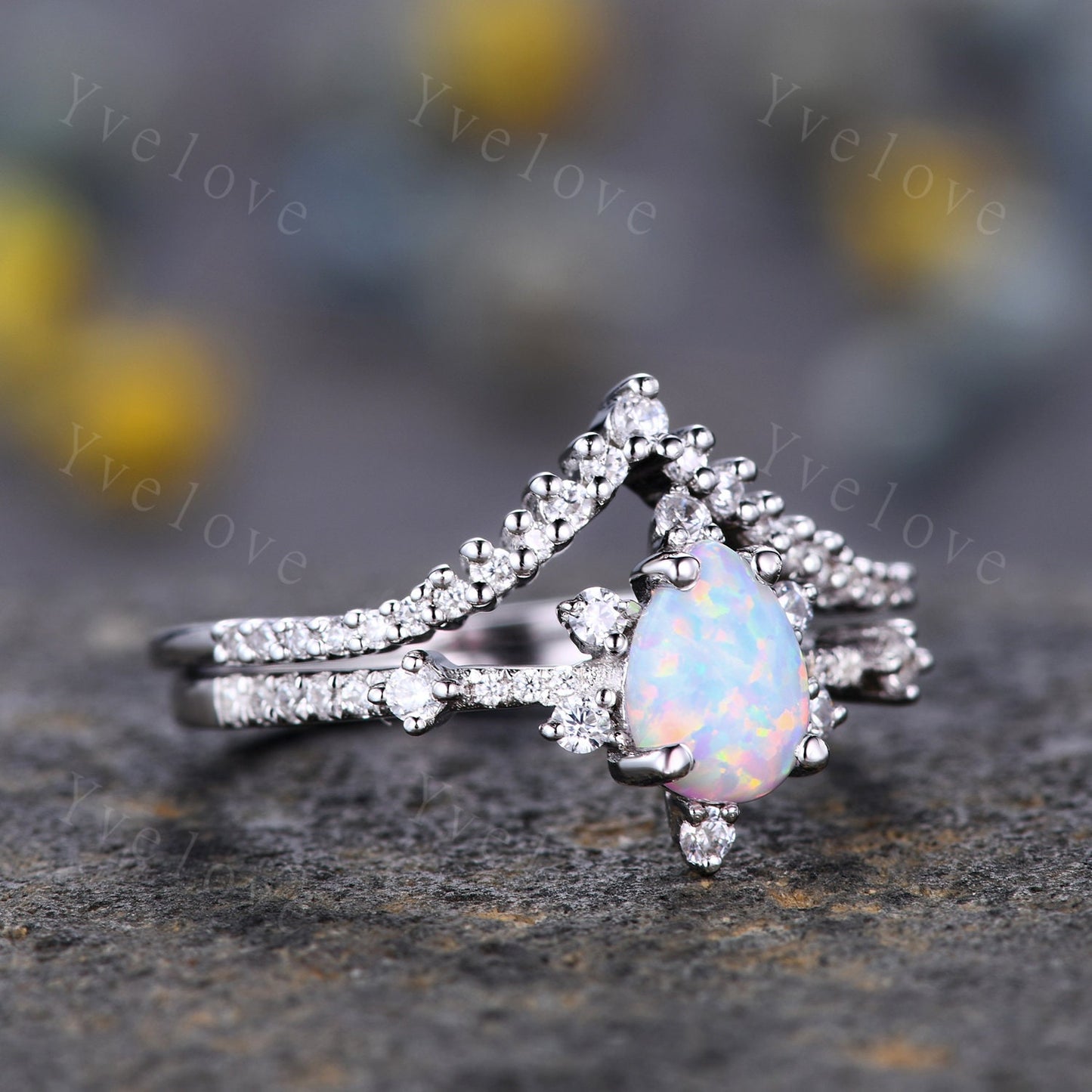 Pear Opal Ring White Fire Opal,Engagement Ring Set,Pear Opal Bridal Set ,Moissanite Half Eternity Band,White Gold,Opal October Birthstone