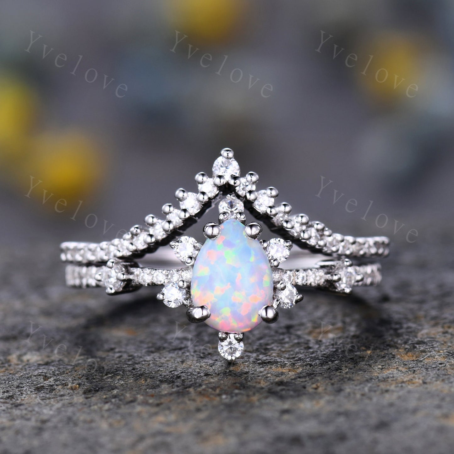 Pear Opal Ring White Fire Opal,Engagement Ring Set,Pear Opal Bridal Set ,Moissanite Half Eternity Band,White Gold,Opal October Birthstone