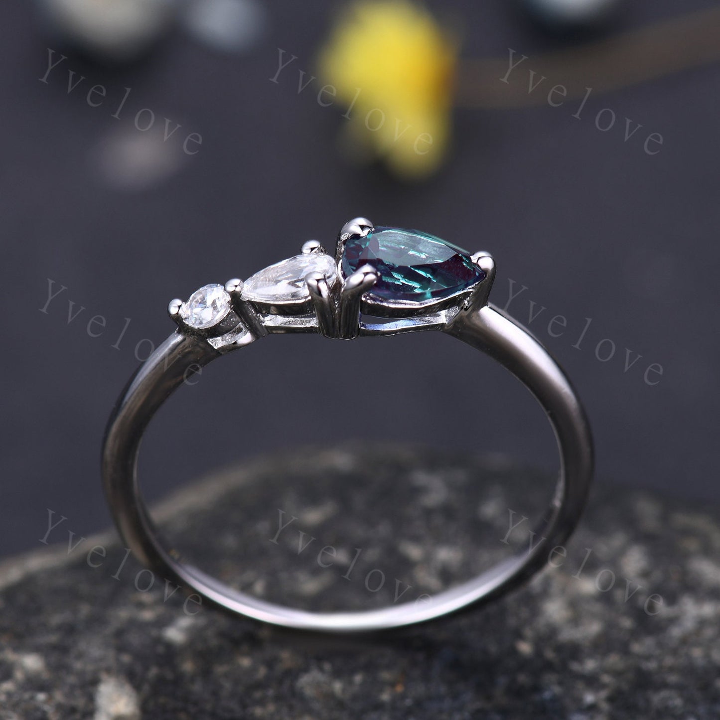 Vintage Alexandrite Engagement Ring,14K White Gold,Pear Cut Gems,Art Deco Moissanite Wedding Band,3 Stone Unique Women Bridal Promise Ring