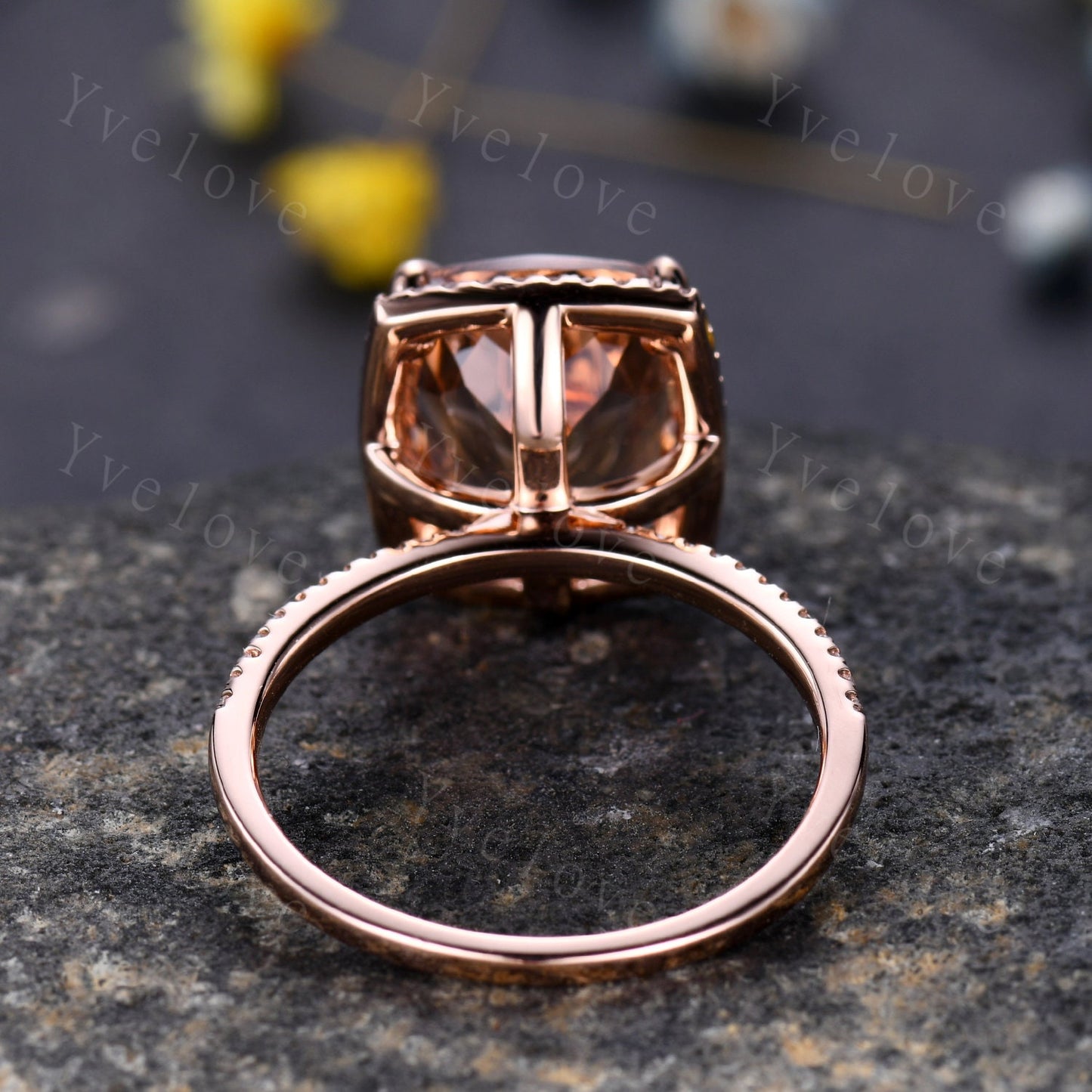 Big morganite engagement ring 10X12mm cushion cut pink morganite ring Half Eternity diamond  wedding band solid 14k rose gold bridal ring