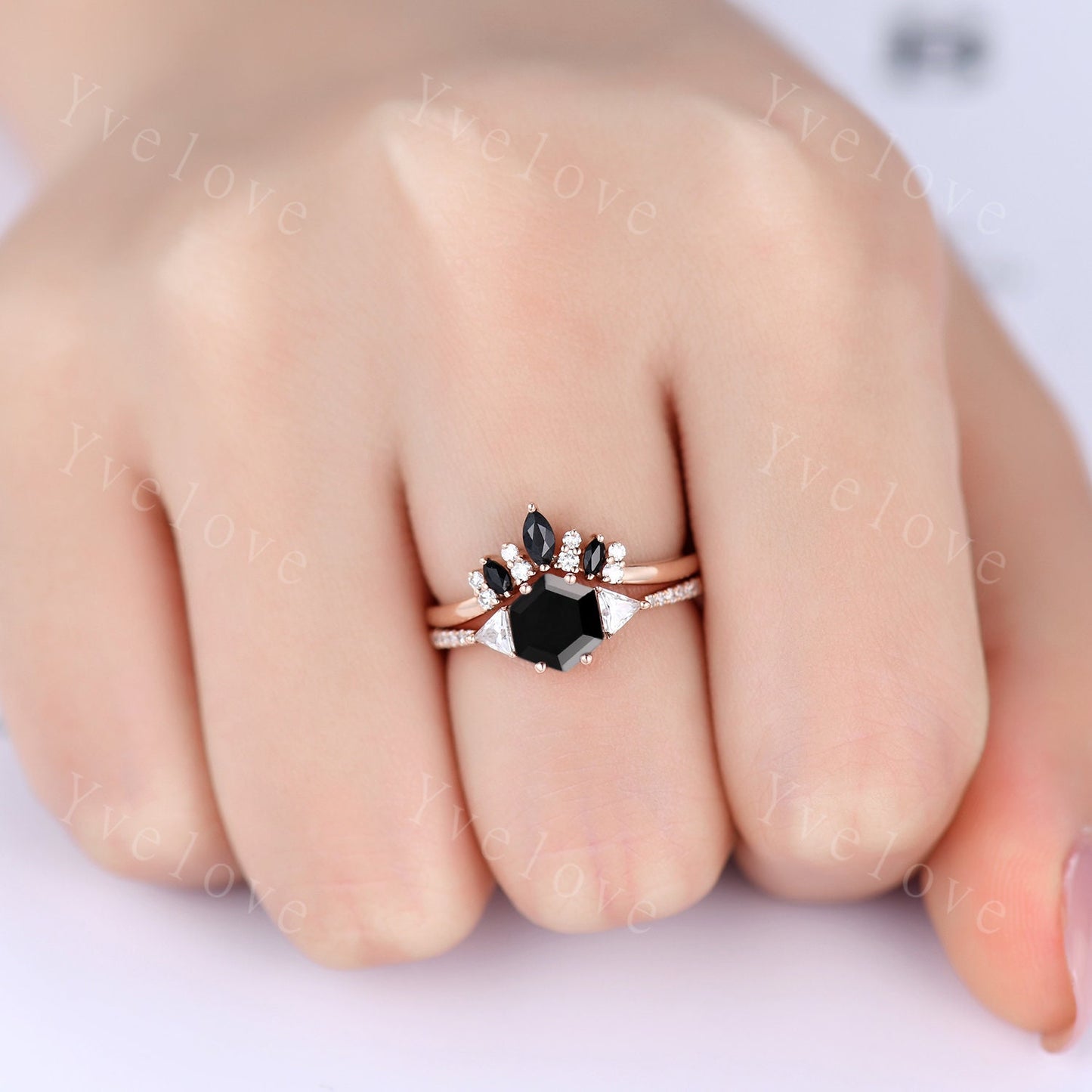 Hexagon Cut Black Onyx Engagement Ring,Vingate Bridal Ring Set,Three Stone Engagement Ring,Women Anniversary Birthday Gift for Her