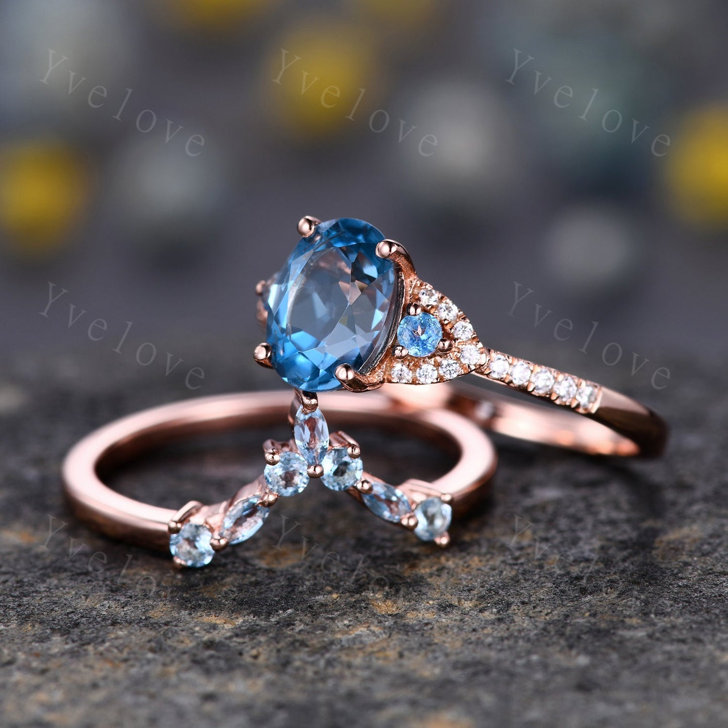 London Blue Topaz Engagement Ring Set,Women Rose Gold Ring,Oval Cut Bridal Set,Art Deco Stacking Band Unique Curved Wedding Band, Handmade